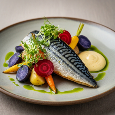 A culinary presentation featuring a prepared dish made with Atlantic Mackerel, of the taxonomy fish