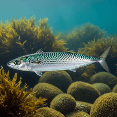 Underwater scene featuring a single Atlantic Mackerel