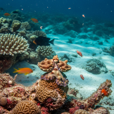 A realistic underwater scene featuring a Atlantic Pygmy Octopus of the taxonomy octopuses in its natural marine environment