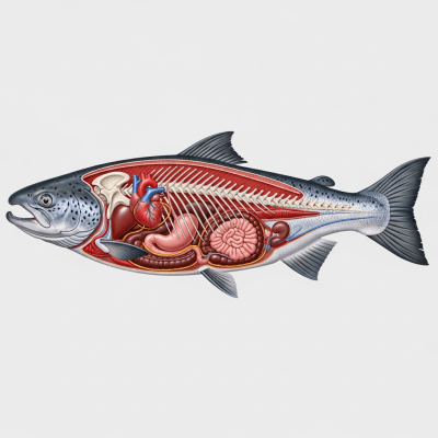 Detailed anatomical illustration of a Atlantic Salmon, part of the taxonomy fish