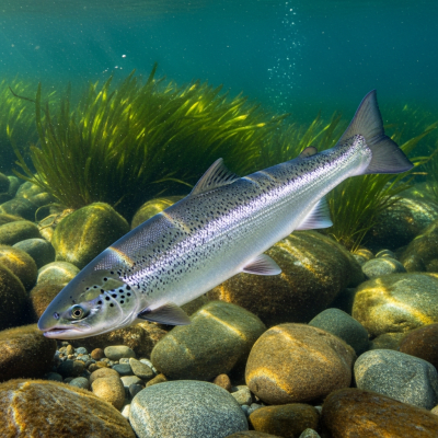 Underwater scene featuring a single Atlantic Salmon
