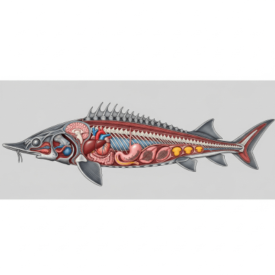 Detailed anatomical illustration of a Atlantic Sturgeon, part of the taxonomy fish