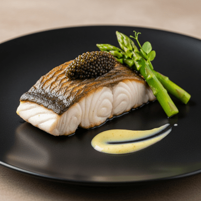 A culinary presentation featuring a prepared dish made with Atlantic Sturgeon, of the taxonomy fish