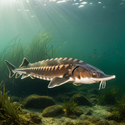 Underwater scene featuring a single Atlantic Sturgeon