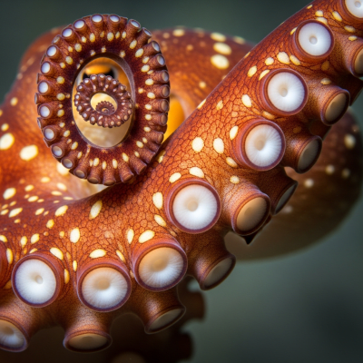 Naturalistic close-up photograph of a single arm of a Atlantic White-Spotted Octopus, focusing on the suckers, skin texture, and coloration details