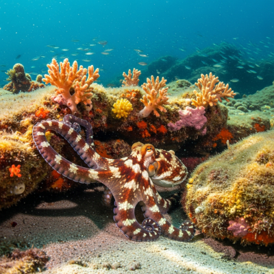 A realistic underwater scene featuring a Atlantic White-Spotted Octopus of the taxonomy octopuses in its natural marine environment
