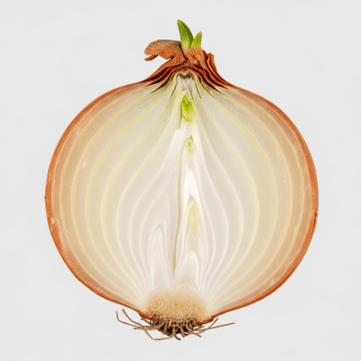 A detailed cross-sectional image of a Australian Brown onion (onions) cut in half to reveal its internal layers and structure