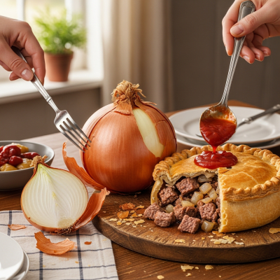A cultural representation of a Australian Brown onion (onions) featured in a traditional dish or meal setting