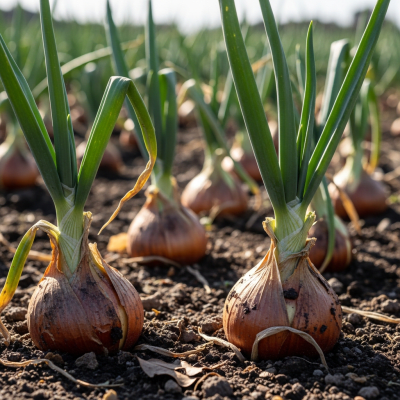 A photograph of a Australian Brown onion (onions) in its natural environment or growing in soil