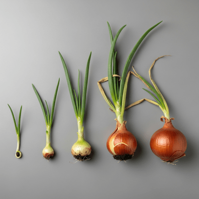 An image showing multiple stages of growth for a single type of Australian Brown onion (onions), from seedling to mature bulb