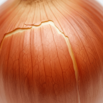 A macro photograph highlighting the surface texture and skin details of a Australian Brown onion