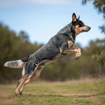 Full body action shot of a Australian Cattle Dog