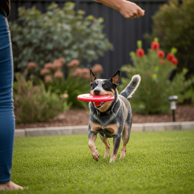 Image of a Australian Cattle Dog interacting with humans in a typical cultural or domestic setting