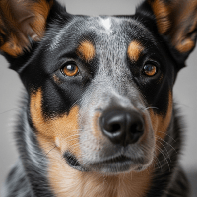 Close-up photograph of the face of a Australian Cattle Dog