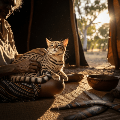 Image of a Australian Mist interacting with humans or participating in cultural activities