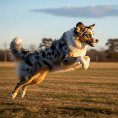 Full body action shot of a Australian Shepherd
