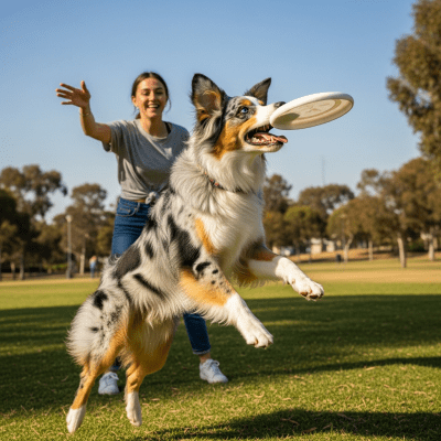 Image of a Australian Shepherd interacting with humans in a typical cultural or domestic setting
