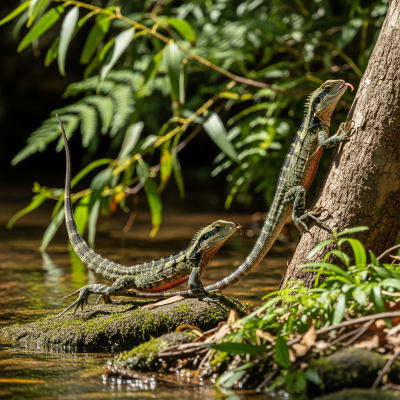 A dynamic action scene featuring a single Australian Water Dragon (lizards) running, climbing, or catching prey in its typical environment