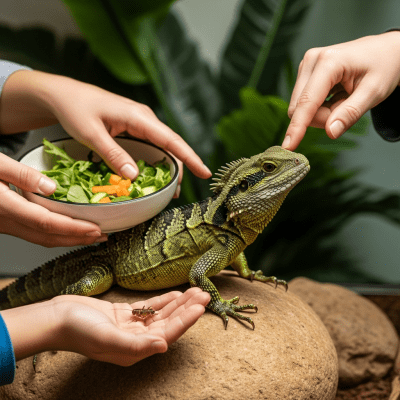 Image of a Australian Water Dragon interacting with humans in a responsible pet-keeping context