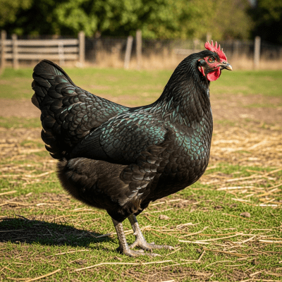 Naturalistic image of a Australorp belonging to the chicken taxonomy in its typical outdoor environment