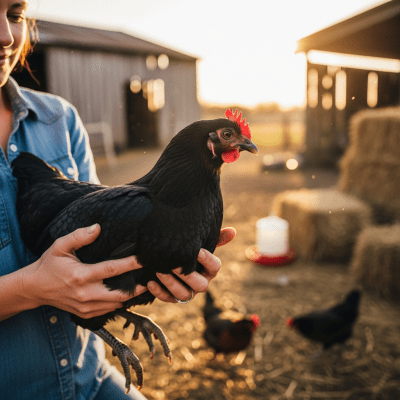 Photograph of a Australorp from the chicken taxonomy interacting with humans in a typical farm setting