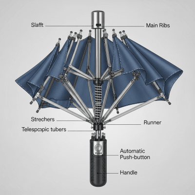 Detailed cross-sectional illustration of a Automatic Folding Umbrella, showing the internal structure such as ribs, shaft, and canopy fabric