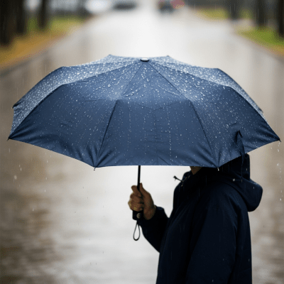 A realistic image of a Automatic Folding Umbrella (umbrellas) being used outdoors during a light rain, with droplets visible on the umbrella surface