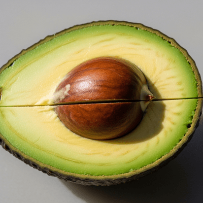 A close-up image showing a cross-section of the Avocado, belonging to the fruits taxonomy