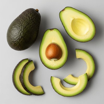 An overhead view photograph of several pieces of the Avocado, from the fruits taxonomy, arranged aesthetically on a plain background
