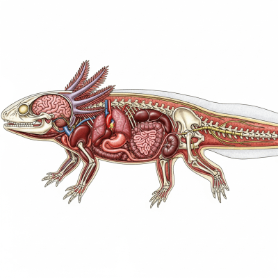 An anatomical cross-sectional illustration of a Axolotl