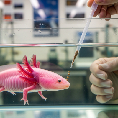 Photograph showing a Axolotl in interaction with humans or within a cultural context, such as being observed by scientists or featured in educational settings