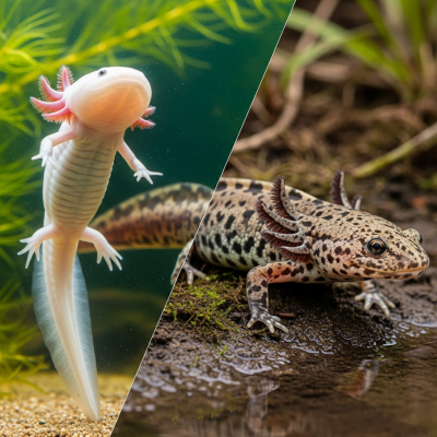 Image of a Axolotl (amphibians) at the moment of transformation, such as metamorphosis from tadpole to adult