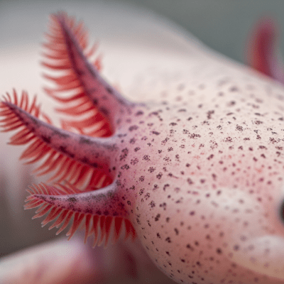 Macro close-up image of the skin texture or distinctive features of a single Axolotl, belonging to the taxonomy amphibians