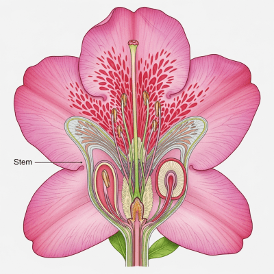 Cross-sectional illustration of a Azalea (flowers), showing internal parts such as stem, petals, and reproductive organs