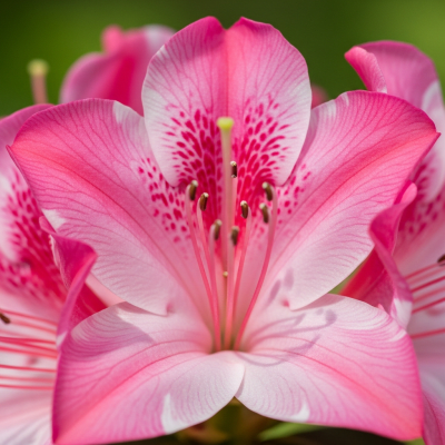 Detailed macro image of a Azalea (flowers), focusing on the intricate structure of petals, stamens, and pistil