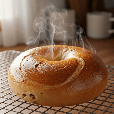 Photograph of freshly baked Bagel, cooling on a wire rack