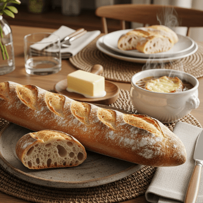 Photograph of Baguette, shown being served or eaten as part of a meal