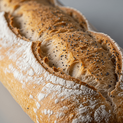 Macro photograph focusing on the crust and surface texture of Baguette