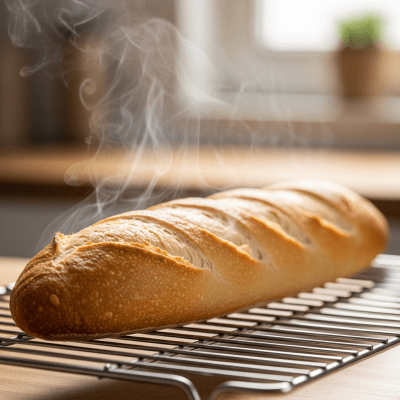 Photograph of freshly baked Baguette, cooling on a wire rack