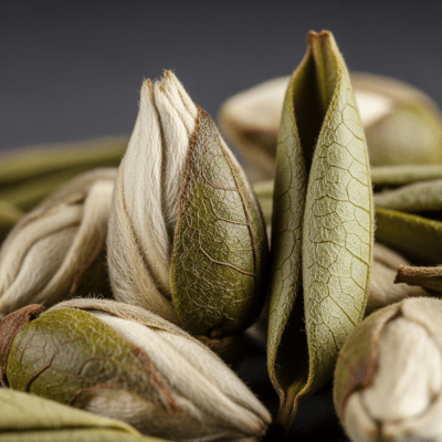 Macro photograph focusing on the texture and details of Bai Mudan leaves, within the taxonomy teas