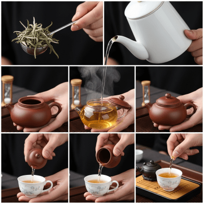 Step-by-step visual depiction showing the preparation process for Bai Mudan, within the taxonomy teas