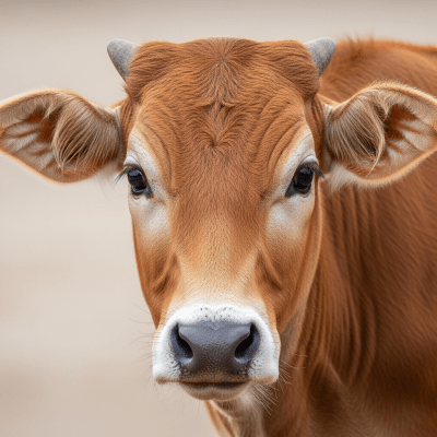 Close-up photograph of the head and face of a Bali cattle, focusing on distinctive features such as eyes, ears, and fur texture