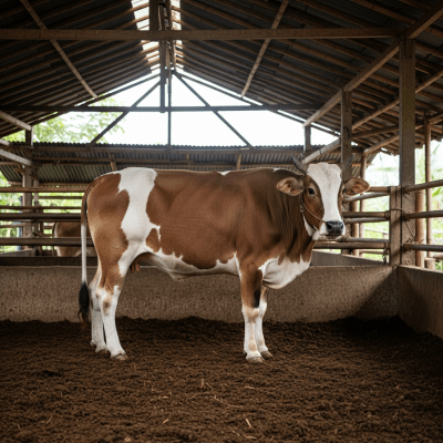 Documentary-style image of a Bali cattle in a barn or shelter environment, showing typical housing conditions for cows