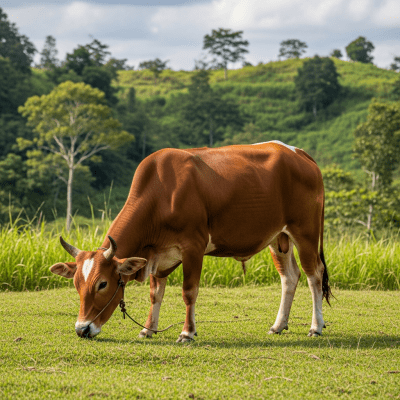 Naturalistic image of a Bali cattle in its typical environment, such as a grassy pasture or open field