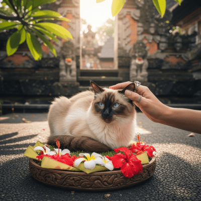 Image of a Balinese interacting with humans or participating in cultural activities