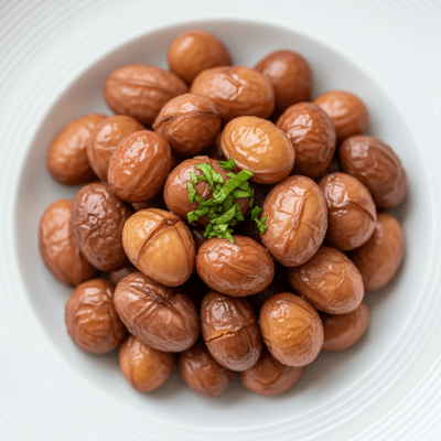 Image of cooked or prepared Bambara Groundnut (legumes) as it appears in a traditional dish or common culinary usage, presented on a clean plate with minimal garnish