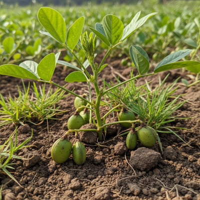 Photograph of the Bambara Groundnut (legumes) growing naturally on its plant in an outdoor agricultural or garden setting, showing leaves, pods, and surrounding soil or greenery