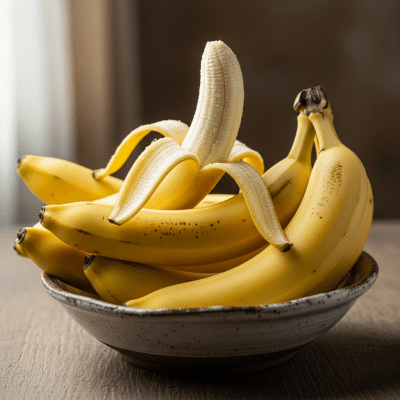 A high resolution image of several fresh Bananas arranged in a simple bowl, representing their use within the taxonomy berries