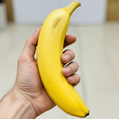 A factual photograph of a hand holding a ripe Banana, illustrating its size and appearance for the taxonomy berries