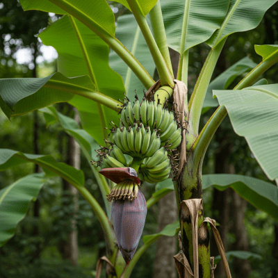 A naturalistic photograph of a Banana growing on its plant in its typical environment, representing the taxonomy berries